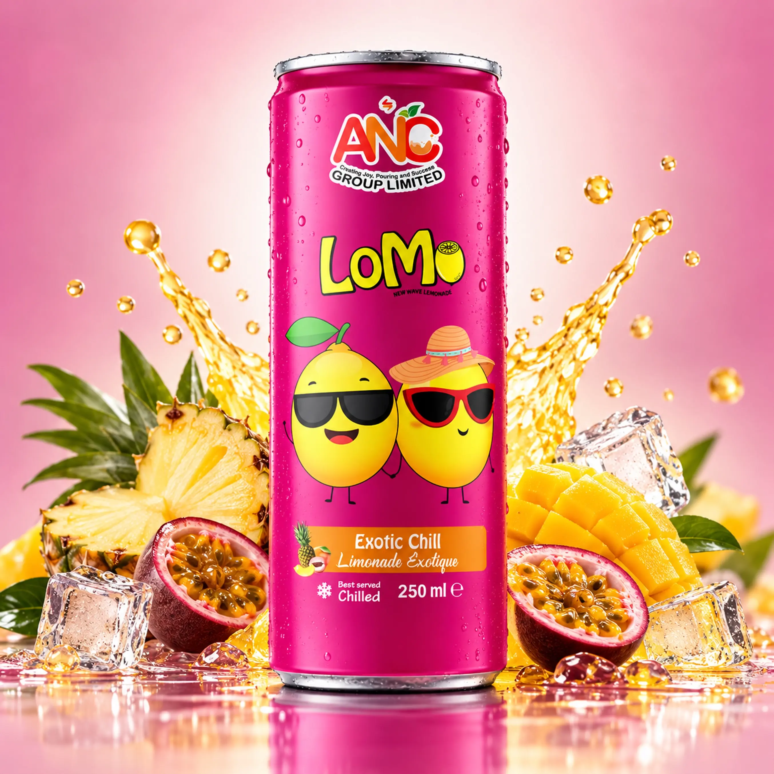 LOMO Exotic Chill 250ml lemonade can with pineapple, mango, passion fruit and ice cubes.